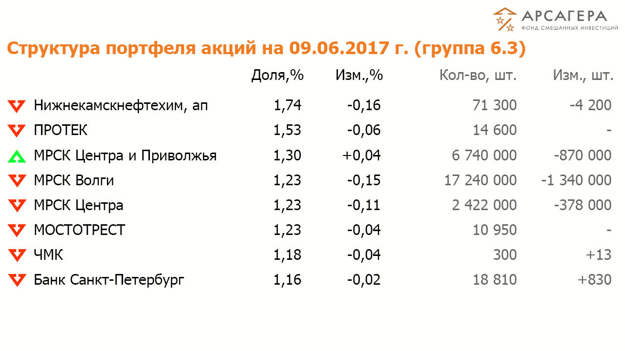 Состав и структура групп 6.4 портфеля акций ОПИФСИ «Арсагера – ФСИ» на  9 июня 2017 года